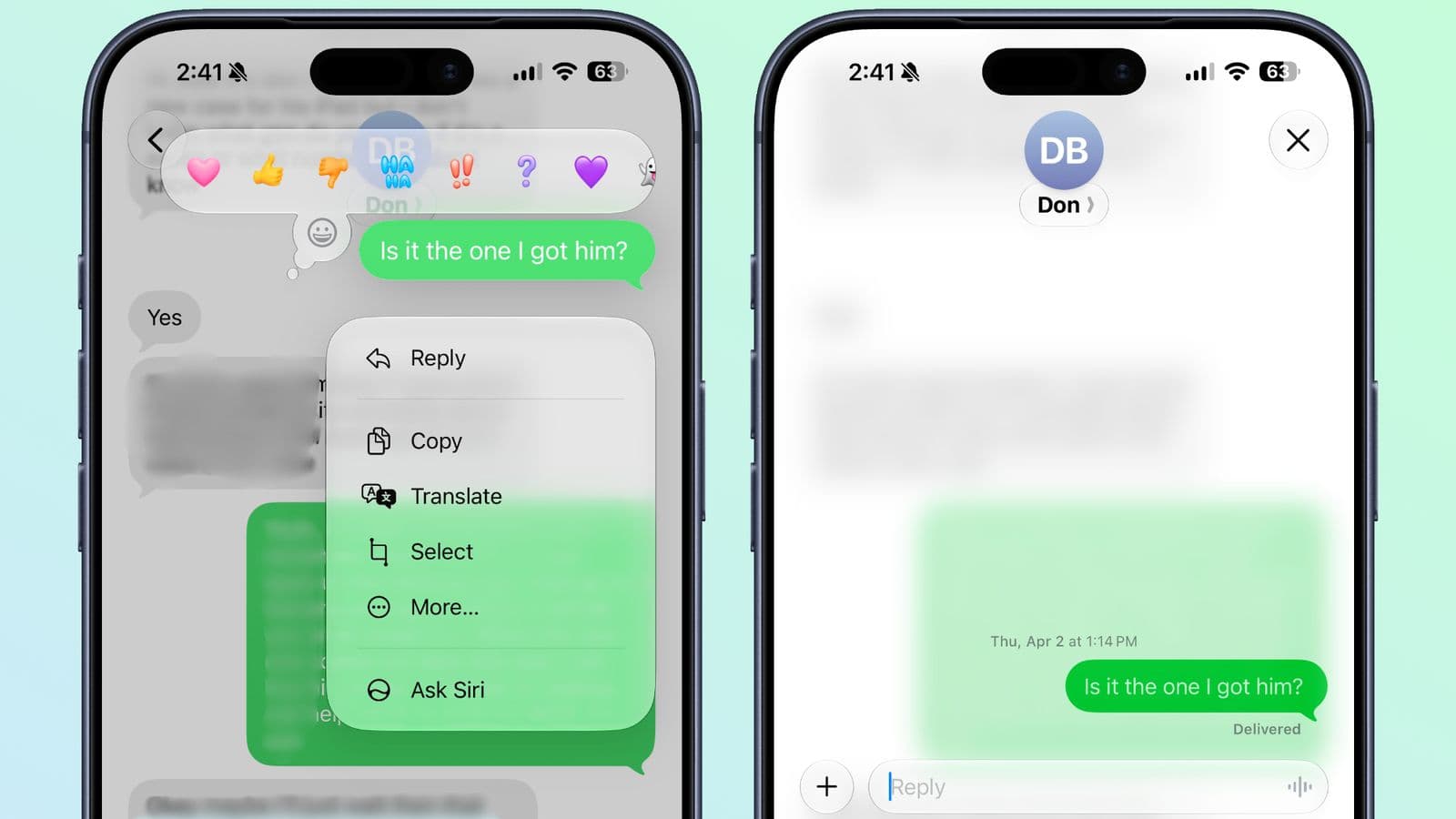Inline reply and tapback reactions in an RCS Messages thread on iOS 27