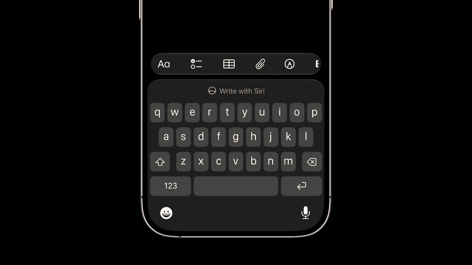 Write with Siri button above the iPhone keyboard in Notes