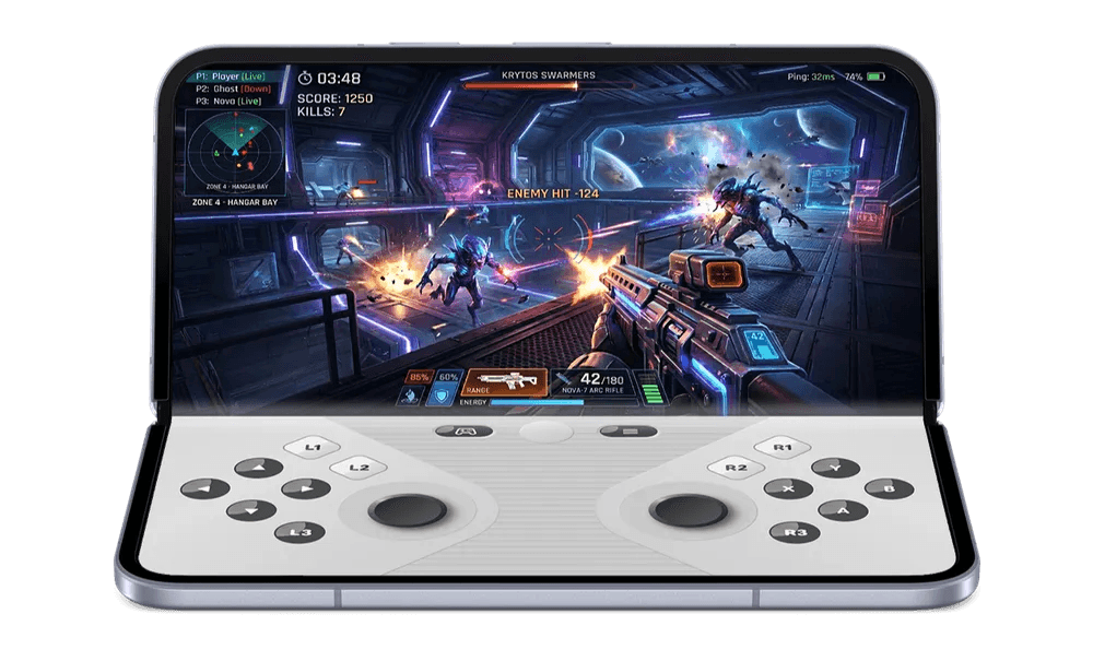 Android 17 foldable gaming mode with gameplay on top and touch controls below