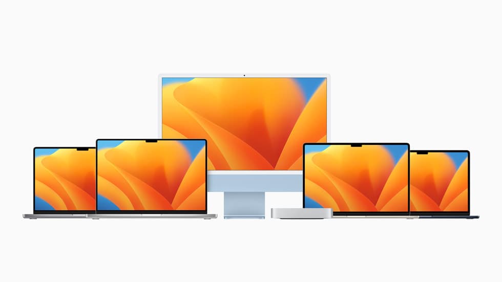 Apple Mac family lineup including MacBook Pro, MacBook Air, iMac, and Mac mini