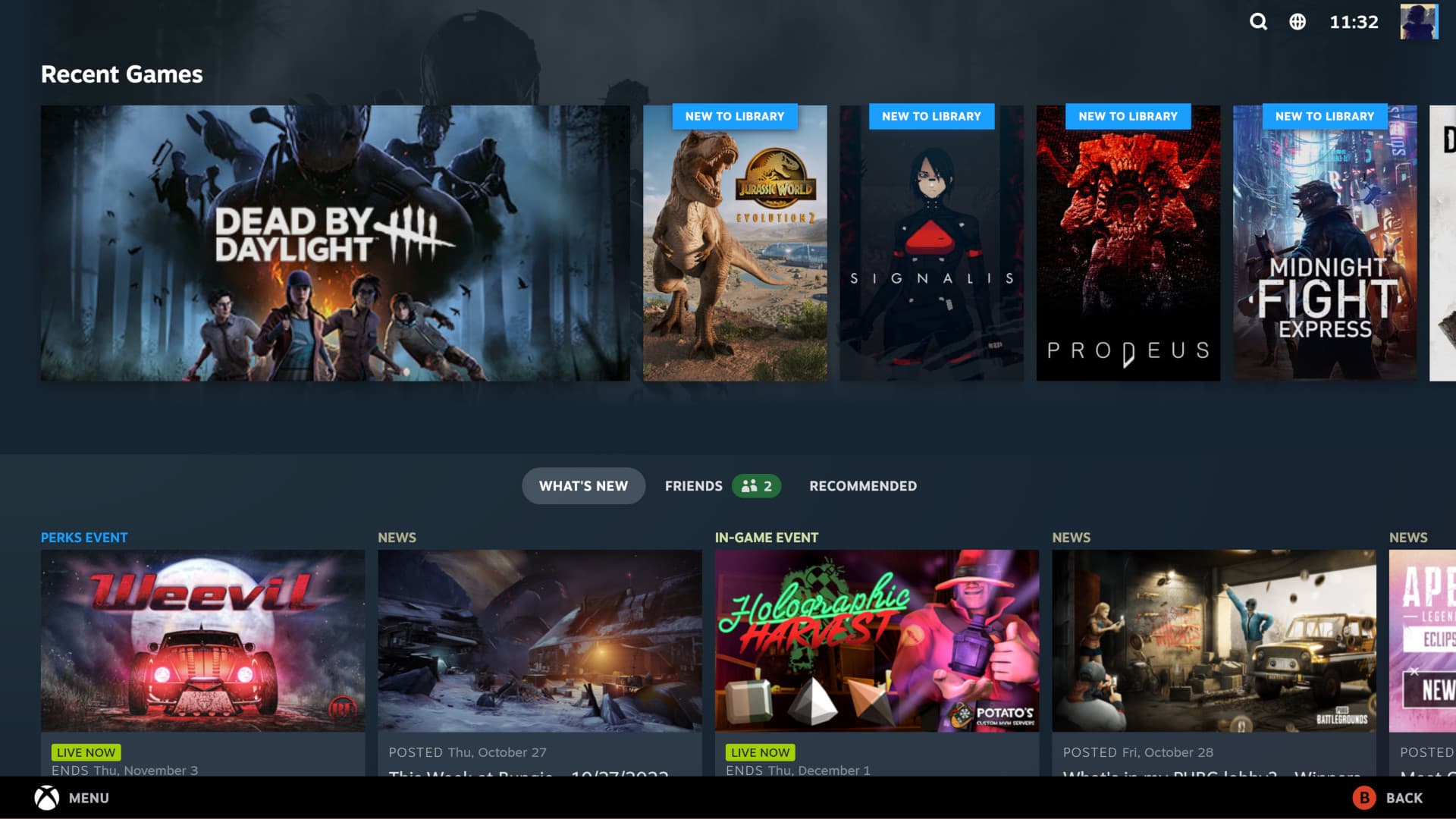 Steam Big Picture mode interface showing recent games and activity feed