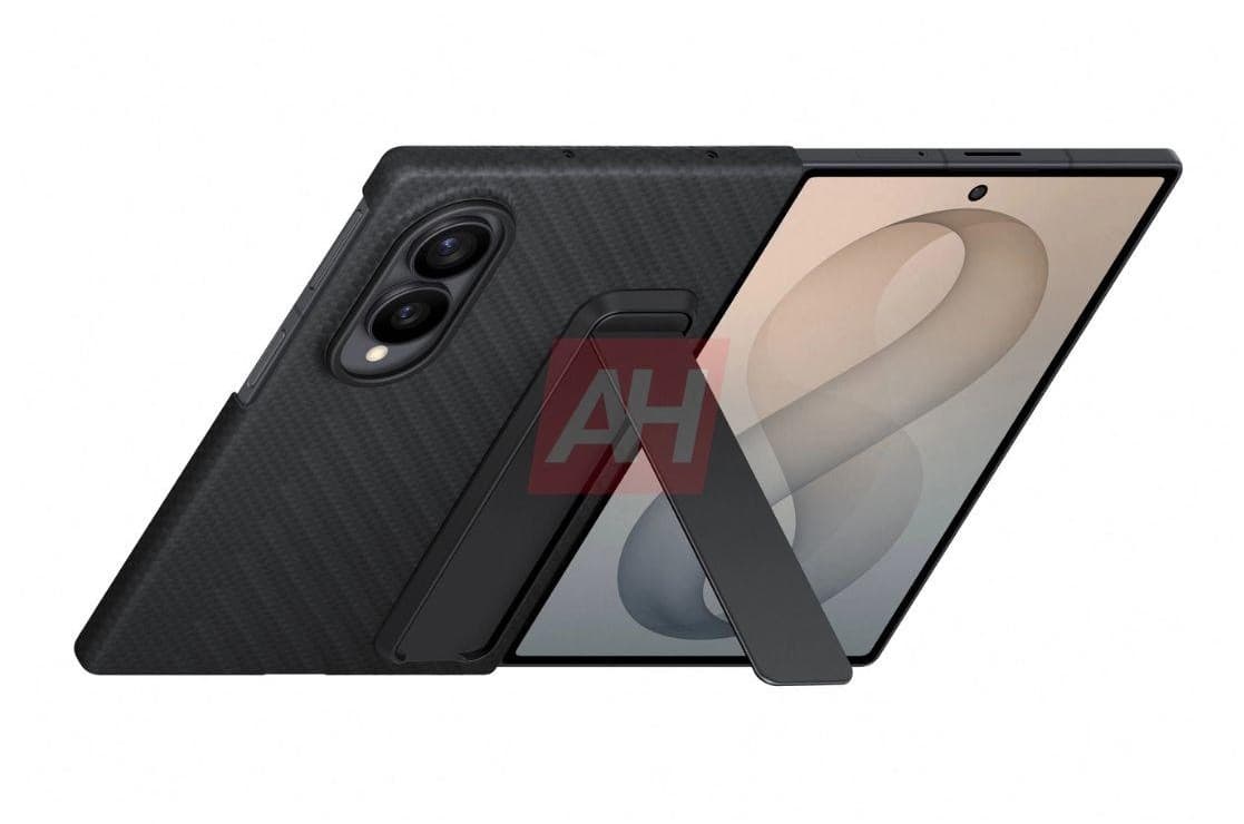 Galaxy Z Fold 8 Wide leak render shown open on a stand, showing the new passport-shaped foldable design