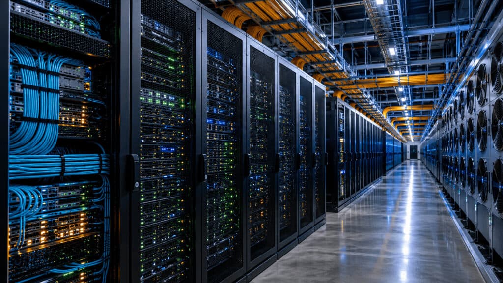 Fiber-optic interconnects inside an Nvidia-powered AI data center that draws heavy electricity