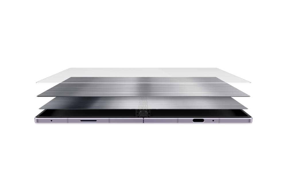 Diagram of Samsung's Flex Titanium display structure, showing the titanium-alloy film and titanium plate beneath the foldable OLED panel