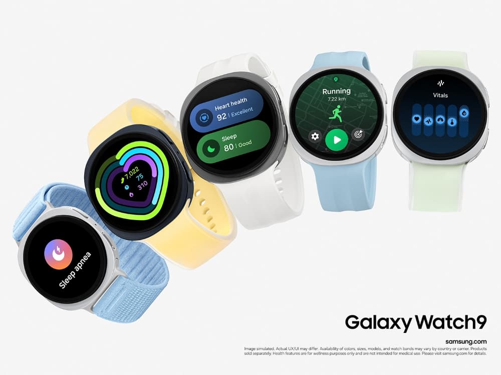 Samsung Galaxy Watch9 shown with silicone and fabric band options in several colours