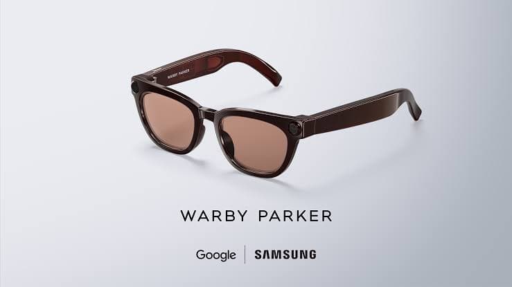 The Warby Parker version of Samsung's Intelligent Eyewear — a refined brown frame with an up-swept brow line