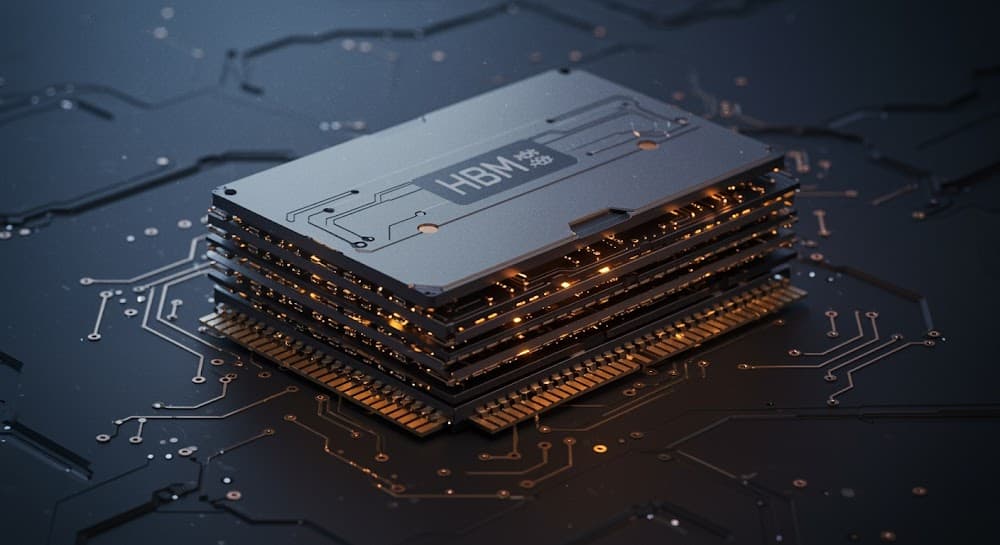 High-bandwidth memory stack for AI accelerators — the product line that has absorbed 2027 fab calendars