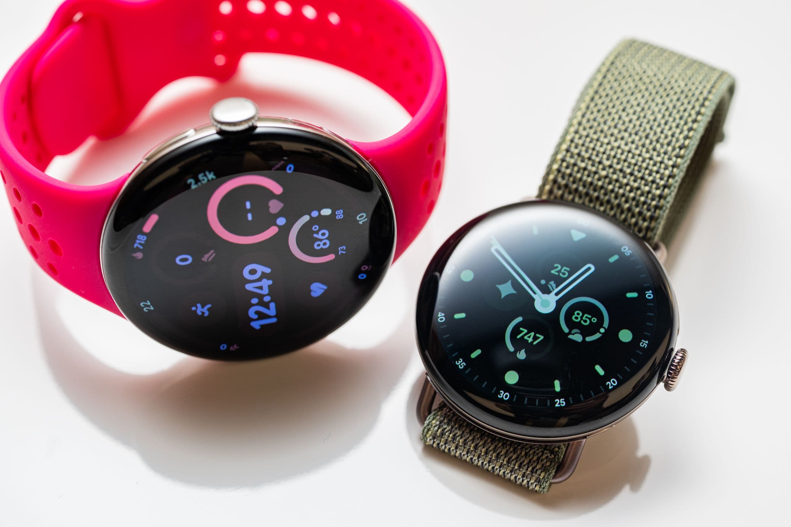 Google Pixel Watch 5 in two sizes with Hibiscus sport band and olive woven band