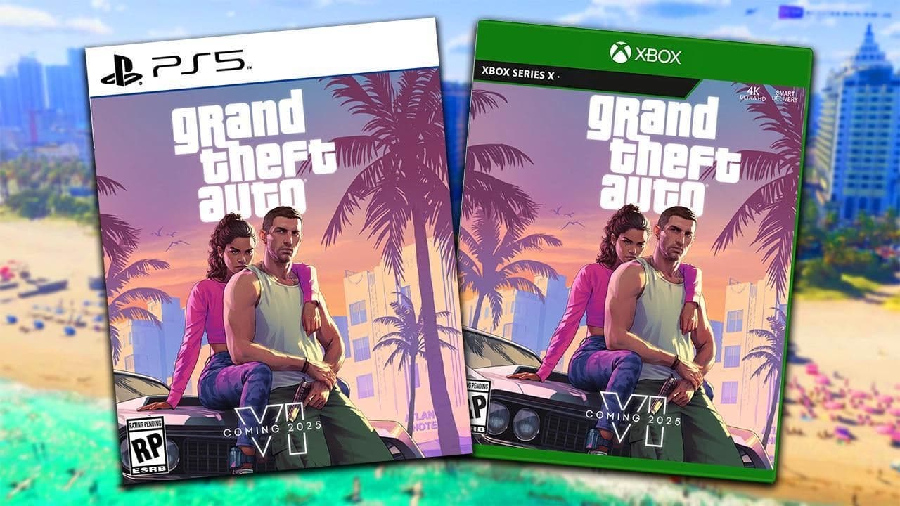 Grand Theft Auto VI PlayStation 5 and Xbox Series X box art side by side — the physical editions ship with a download code, not a disc